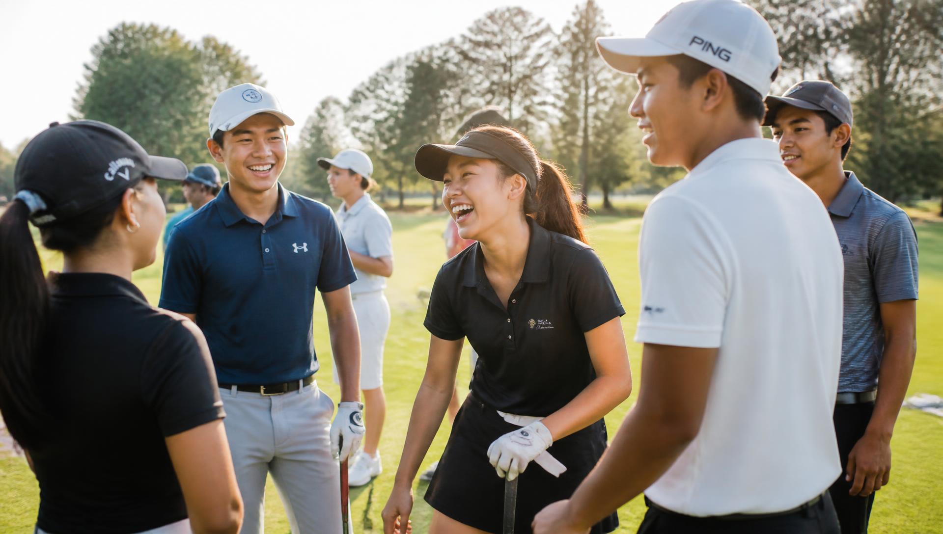 Diverse group of teenage golfers laughing together on a sunlit golf course