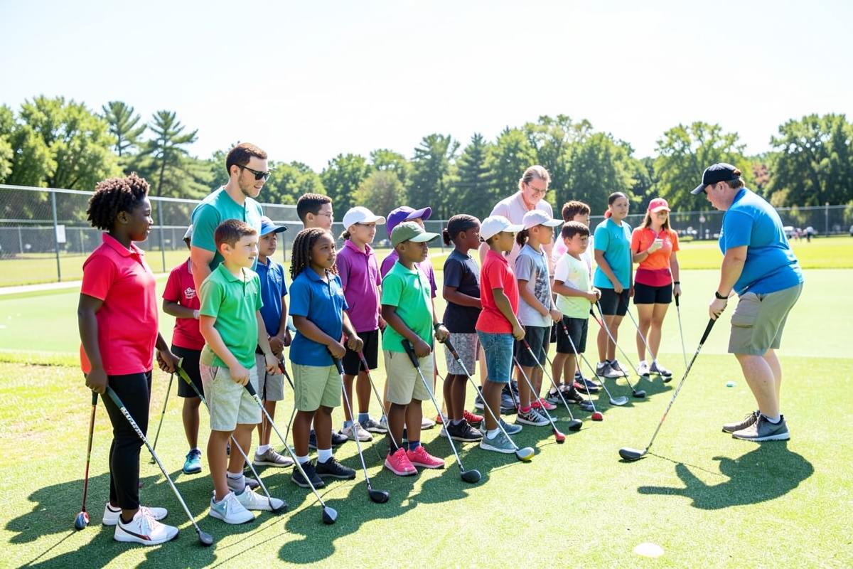 Young beginners lined up with clubs at a community golf clinic while volunteers help