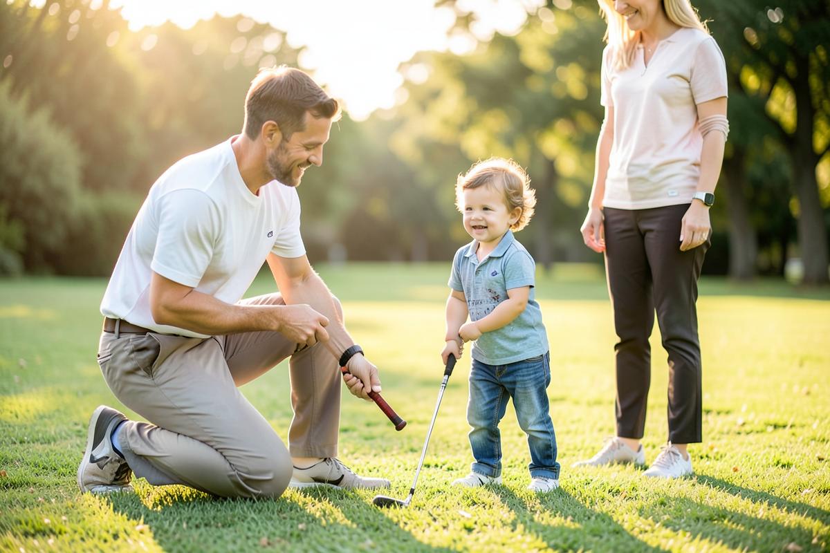 A patient coach kneeling to guide a young child holding a small golf club on grass